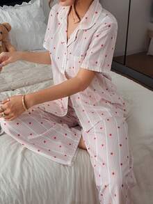 Napfluff Women's Casual Comfortable Home Star Stripe Print Shell Edge Collar Short Sleeve Pajama Long Pants Set - Red and White - View 6