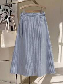 GlowEve CURVE Women's Fashion Elegant A-Line Striped Skirt With Elastic Waistband, Invisible Zipper And Metal Button, Suitable For Daily, Commuting And Business Wear - Blue - View 2