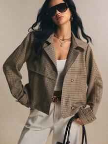 Poéselle 法式格紋優雅百搭短版風衣，經典風衣，冬季 - 咖啡棕 - 查看 8