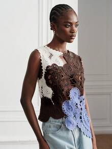 SHEIN Suéter de mujer de tela acrílica con ajuste ceñido, diseño floral de tres colores, hecho a mano con ganchillo, diseño asimétrico calado para uso diario y desplazamientos - Multicolor - Ver 7