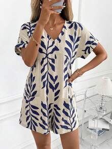 SHEIN Clasi Women's V-Neck Leaf Print Casual Everyday Outing Romper - Blue - View 5