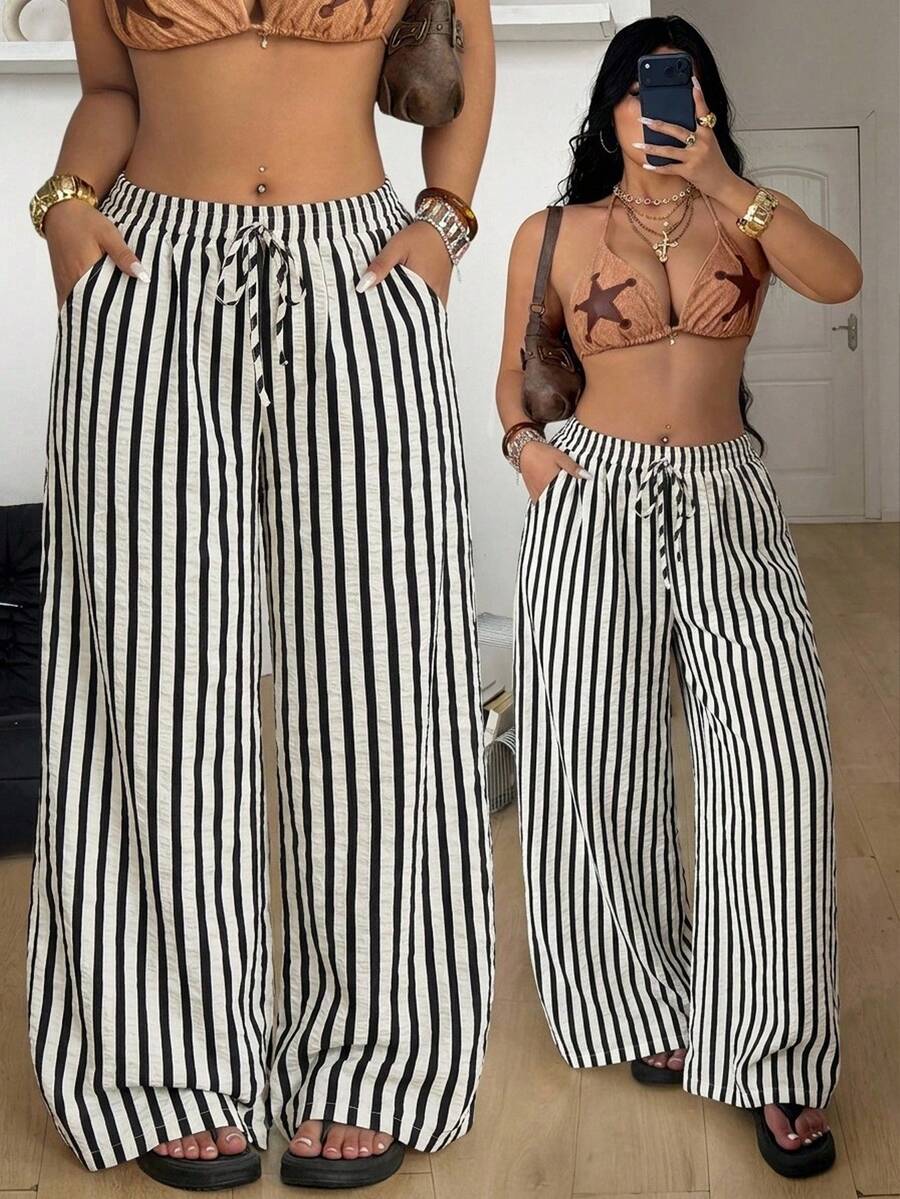 Coolane 女款大尺碼夏季度假波西米亞風休閒出遊條紋紋理面料抽繩腰鬆身黑色高腰顯瘦長褲包容尺碼 - 彩色 - 查看 1