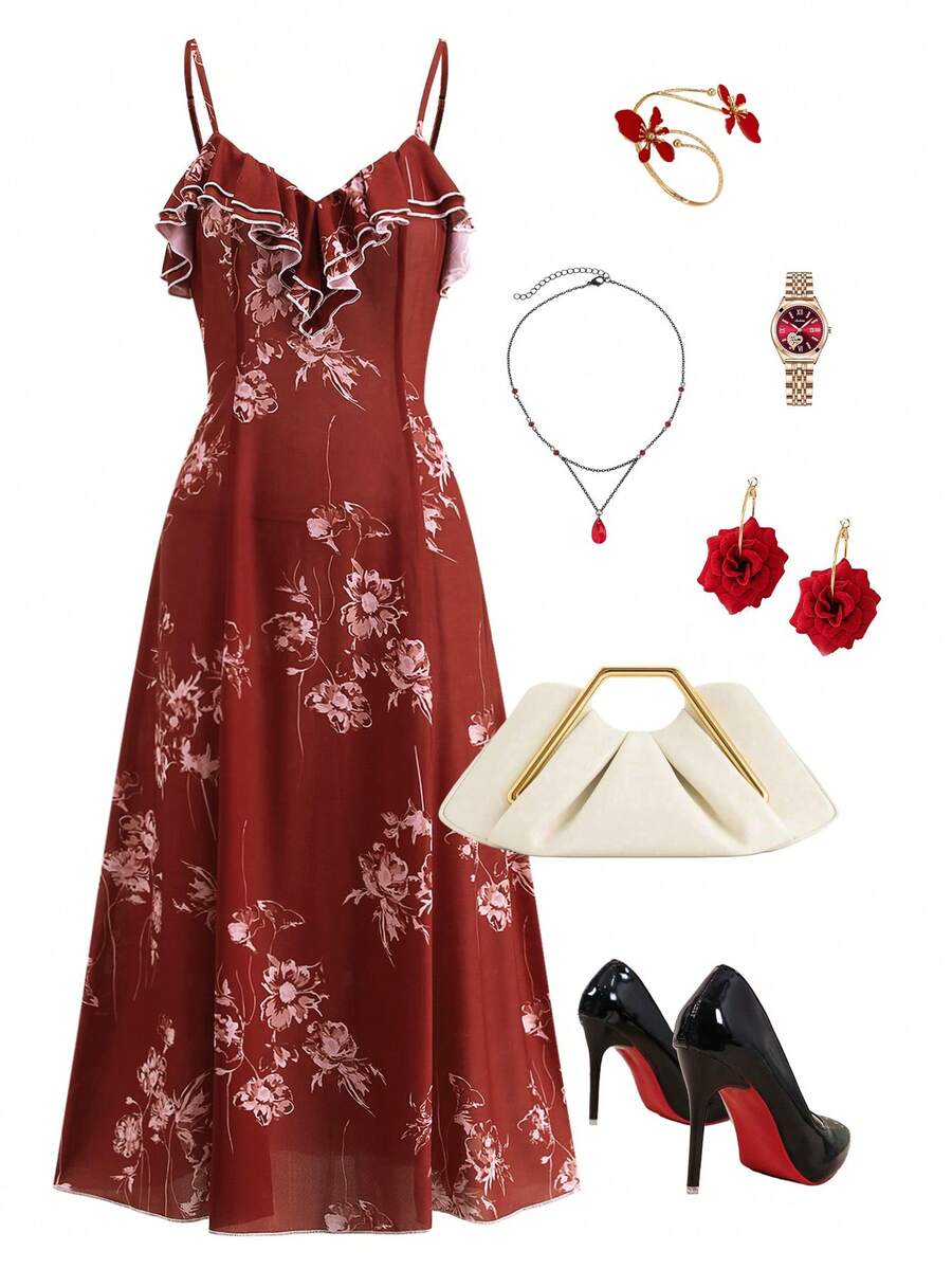 SHEIN Clasi Romantic Elegant Ruffle Collar Fitted A-Line Dark Red Floral Print Vintage Vacation Dress Dinner Date Summer - Redwood - View 1