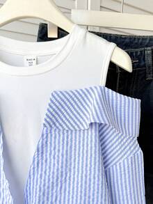 SHEIN Tween Girl Striped Minimalist 2 In 1 Patchwork Casual Long Sleeve Blouse , Fall/Winter - Blue and White - View 11