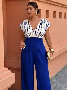 Weeklong Women's Plus Size Spring/Summer Commuter Casual Vacation Minimalist Commuter Date 2 In 1 Patchwork High Waist Straight Leg Dropped Shoulder Knit Jumpsuit - Multicolor - View 1