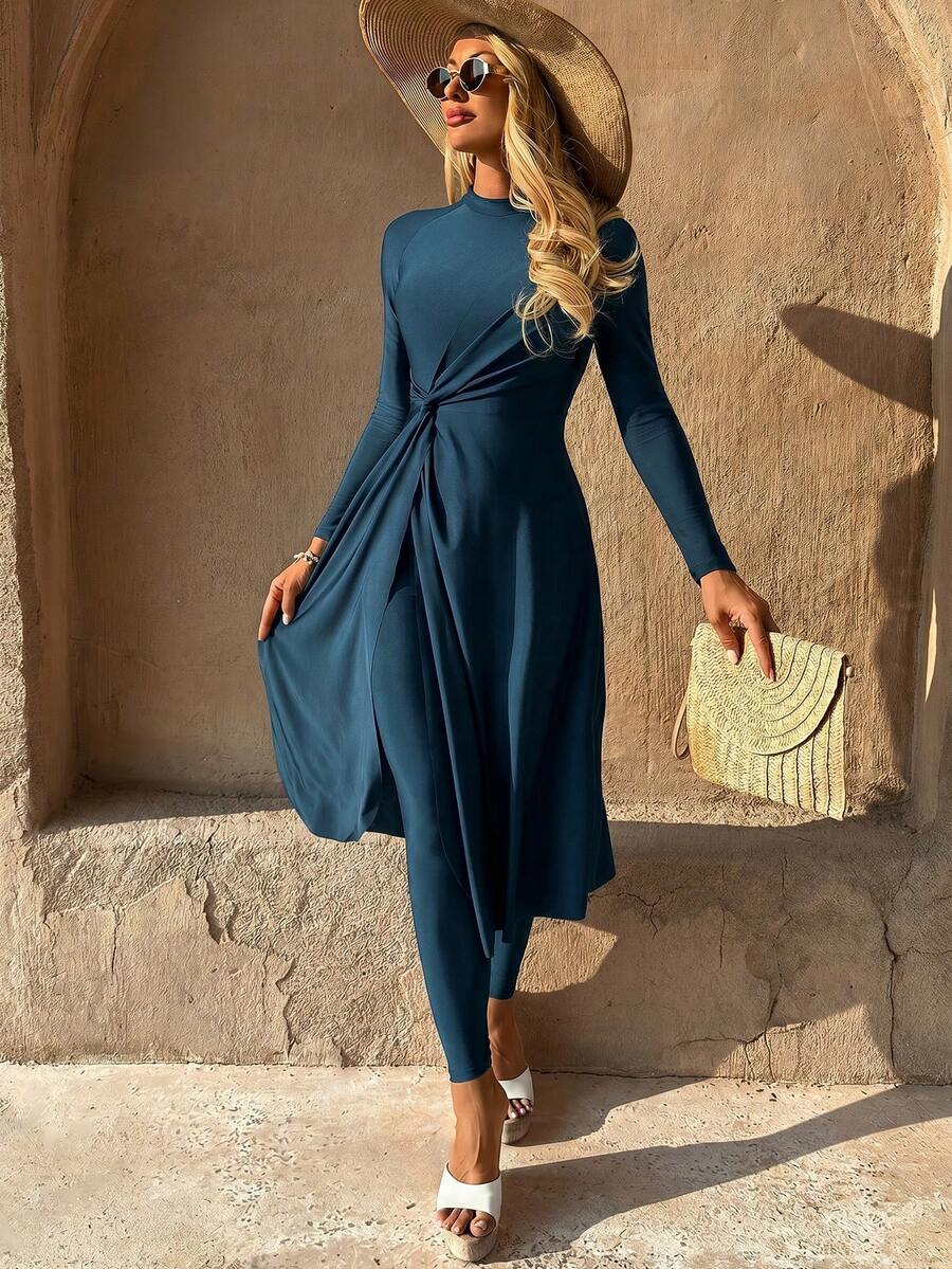 Swim Mulvari Burkini de falda maxi con nudo retorcido negro, elegante ropa de playa para vacaciones - Agua verde azul - Ver 1