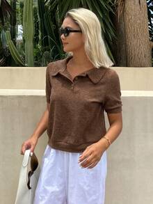 Livesso Women's Spring/Summer Brown Knit Loose Casual Polo Shirt With Collar And Short Sleeves - Khaki - View 5