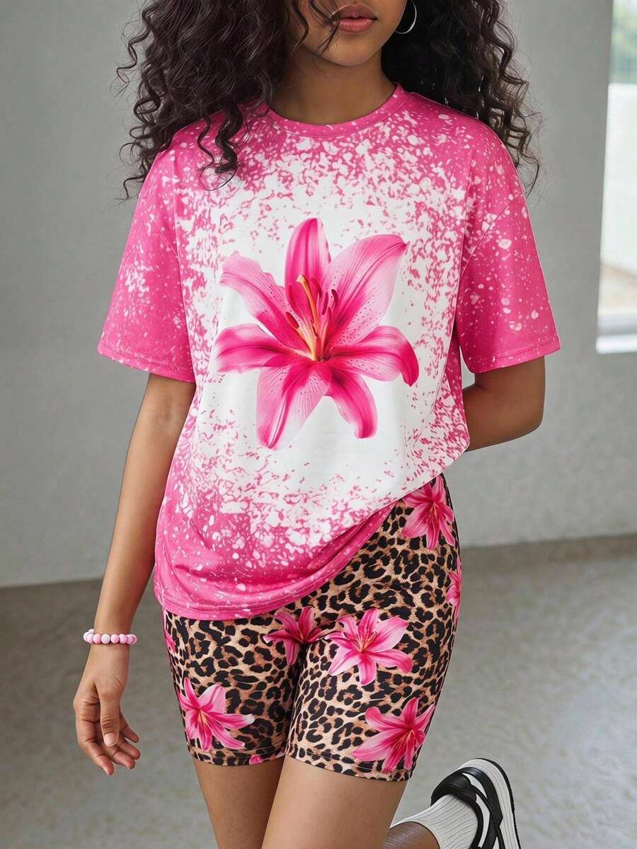 SHEIN 青少年女孩休閒時尚寬鬆T恤與緊身褲套裝,休閒/度假/外出/可愛/少女風/花卉/海灘派對/豹紋印花 - 粉色 - 查看 1