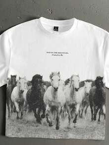 StoneGrade American Retro Prairie Horse Galloping Fashion All-Over Print Men's Standard Size Cropped Loose Fit Short Sleeve T-Shirt - White - View 3