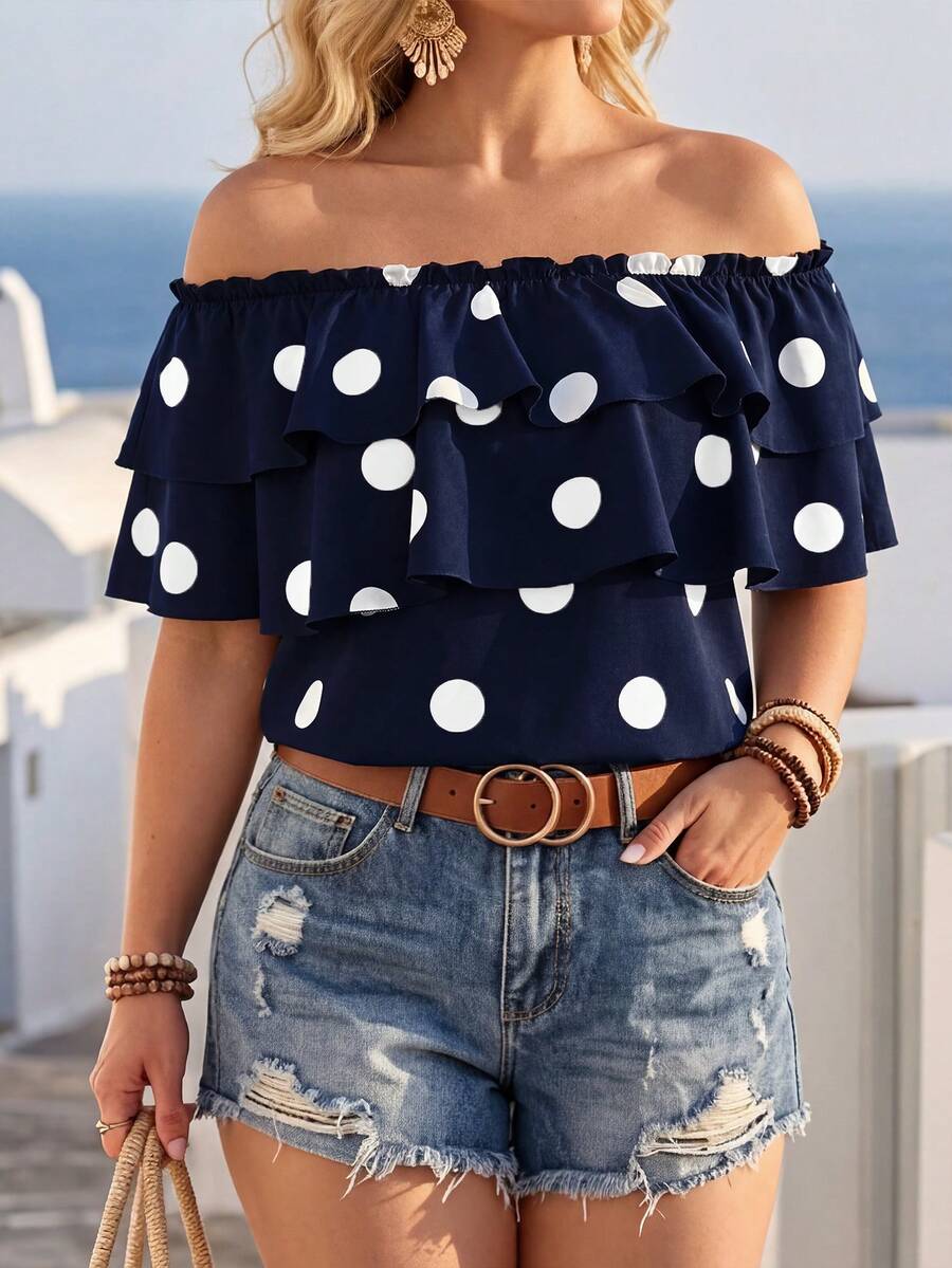 Elenzga Plus Size Women Classic Polka Dot Print Layered Ruffle Off-Shoulder Blouse - Navy Blue - View 1
