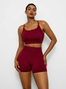 Levarali Plus Size Women's Solid Color Cami Tank Top And Shorts Sports Set Sports Bra And Athletic Shorts Set, Yoga Outfit For Daily Workouts And Running - Burgundy - View 3