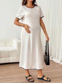 SHEIN Maternity Spring Summer Contrast Trim Split Dress Suitable For Beach Photoshoot Holiday Vacation Birthday Party Baby Shower Garden Street Casual Chic - Khaki - View 7