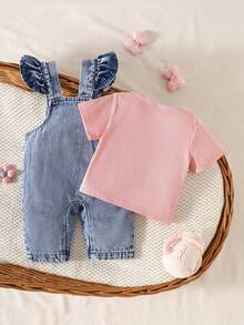 SHEIN Playful Pals 2件裝女嬰可愛草莓刺繡吊帶褲 柔軟棉質 藍色 夏季家庭套裝 - 淺粉色 - 查看 2