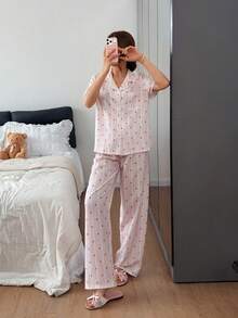 Napfluff Women's Casual Comfortable Home Star Stripe Print Shell Edge Collar Short Sleeve Pajama Long Pants Set - Red and White - View 4