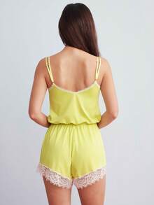 Elorette Women's Lace Bow Decor Pleated Casual Girly Daily Pajama Camisole Romper Home Light Green Summer - Yellow - View 2