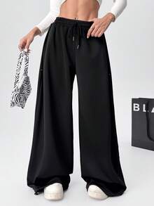SHEIN EZwear 黑色針織女款抽繩腰寬腿寬鬆運動長褲 - 黑色 - 查看 8