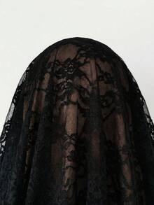 Feyla Women's Faux Pearl Decorated Round Neck Short Sleeve Lace Hem Elegant Modest Short Dress Party Dinner Black Summer - Black - View 9