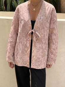 DAZY 女款標準版型寬鬆V領短袖綁帶刺繡布料灰粉色外套，適合通勤、夏秋旅行、波希米亞優雅日常穿搭 - 粉色 - 查看 4