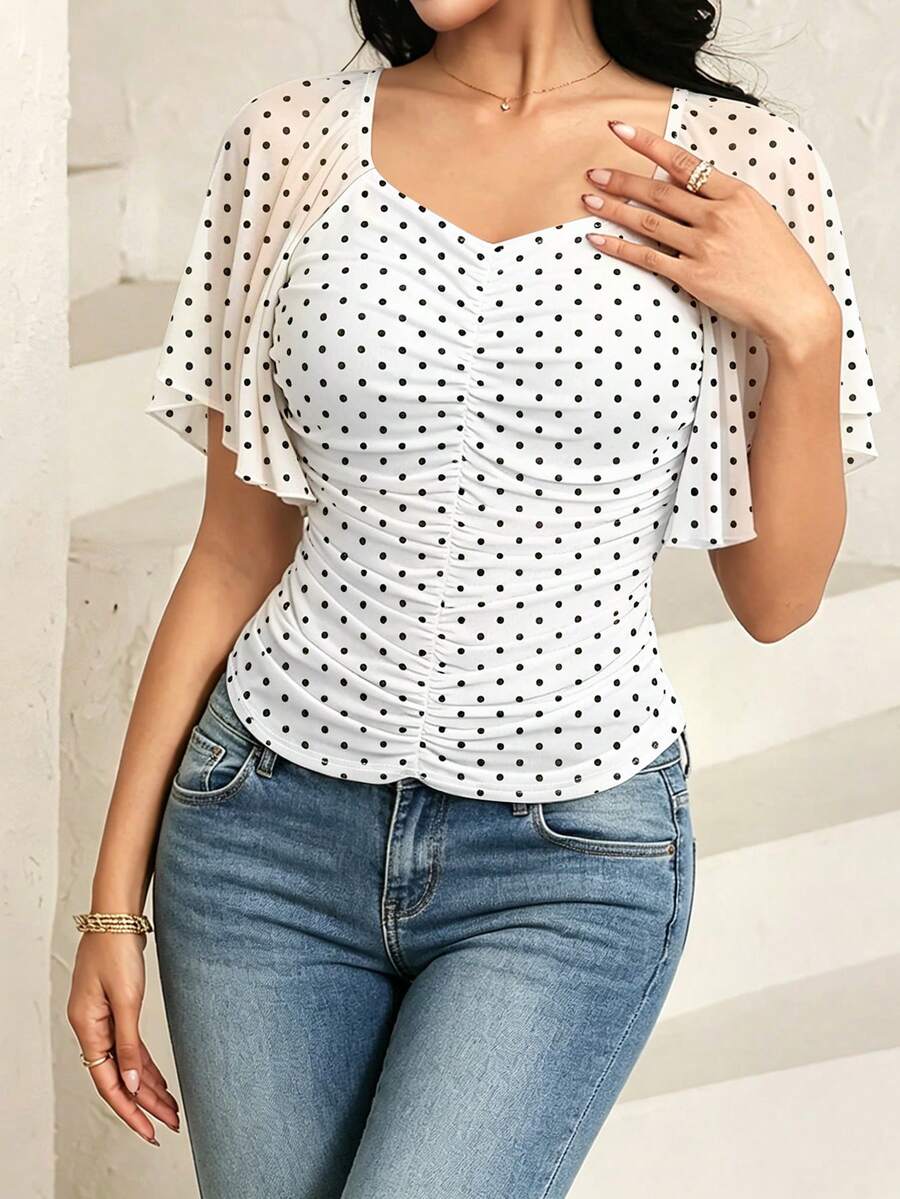Modelyn 黑色波點白色女款上衣,夏季時尚方領百褶飄逸袖設計上衣,波點圖案雪紡上衣,適合日常穿著 - 白色 - 查看 1