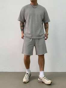 DAZY Men's Regular Fit Solid Gray T-Shirt Set For Summer - Grey - View 3