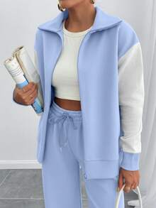 EURMUSE Women Contrast Color High Neck Zipper Detailed Sweatshirt And Sweatpant - Baby Blue - View 8