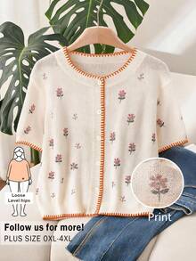 CosyJoli Women's Contrast Color Print Round Neck Short Sleeve Cardigan, Spring/Summer Fall/Winter - Apricot - View 1