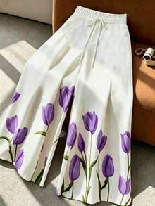 GlowEve CURVE Celana Panjang Ukuran Besar Kasual Liburan Motif Bunga Kaki Lebar Musim Gugur - Purple - View 1