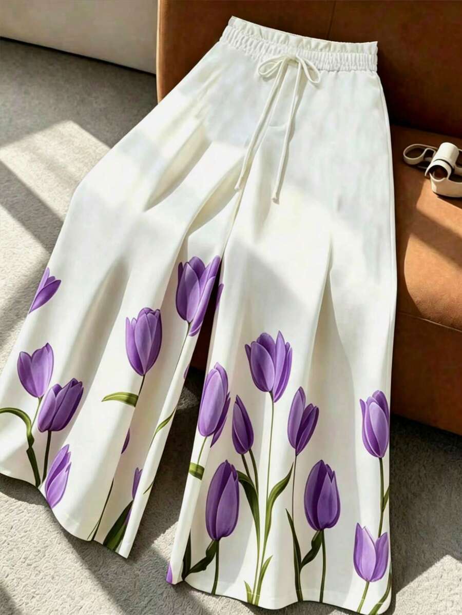 GlowEve CURVE Celana Panjang Ukuran Besar Kasual Liburan Motif Bunga Kaki Lebar Musim Gugur - Purple - View 1