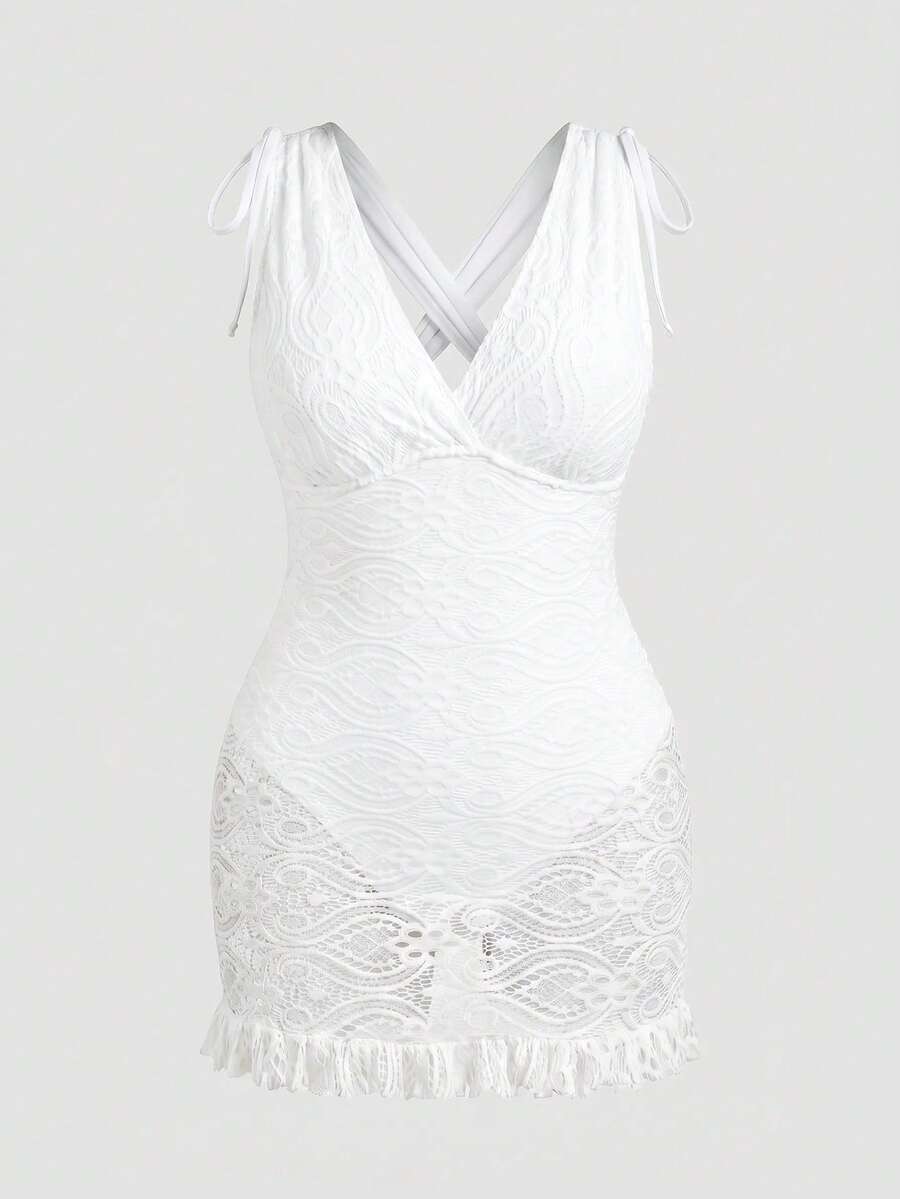 Sweetra CURVE Plus Size Women Deep V-Neck Ruched Elegant Cinched Waist Shoulder Swimsuit Dress Vacation Beach White Summer - White - View 1