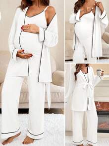 Slowluna Conjunto casual de uso diario de mono con tirantes de lactancia y chaqueta con bloques de color para maternidad - Blanco - Ver 1