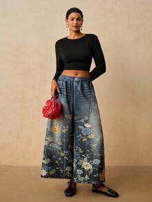Travachic Plus Size Women's Floral Print Wide Leg Loose Casual Long Pants Fall - Black - View 8