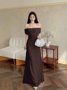 Modelyn 女款網紗露肩收腰抓皺優雅婚禮約會洋裝 - 棕色 - 查看 8