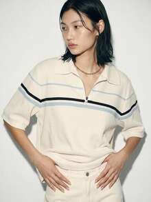 FRIFUL 女款半鈕扣POLO領寬鬆藍白條紋撞色T恤，學院風休閒，適合夏季、早午餐、日常上學穿著 - 白色 - 查看 10