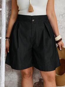 EMERY ROSE EMERY ROSE Plus Size Button Zipper Straight Leg Solid Color Denim Shorts Formal Vacation Wedding Guest Black Summer Casual Sexy Baggy - Black - View 5