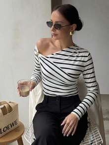 Firerie Women's Asymmetric Shoulder Wrap Ruched Waist Tight Fit T-Shirt, Metal Decor, Elegant Modest Commute Date Night Tops, Black And White Striped, Autumn - Black and White - View 14