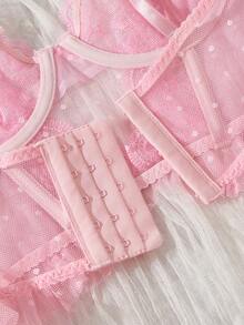 SHEIN 1 chiếc áo ngực dài có gọng, thêu họa tiết patchwork chấm bi phối lưới phong cách lãng mạn - Hồng - Xem 4