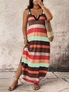 Breezaya Spring Summer Autumn Casual Comfortable Striped Fabric Feature Shoulder Strap Design Multi-Color Plus Size Dress - Multicolor - View 5