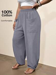 Freevana Plus Size Vacation Casual Pocket Tapered Long Pants Vacation Dusty Blue Summer - Dusty Blue - View 1