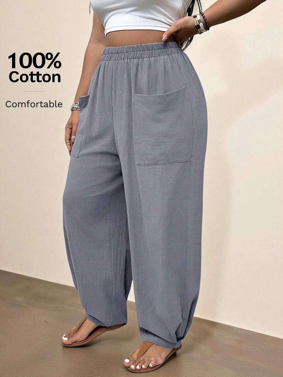 Freevana Plus Size Vacation Casual Pocket Tapered Long Pants Vacation Dusty Blue Summer - Dusty Blue - View 1