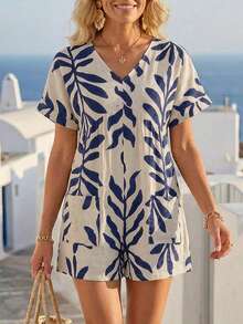 SHEIN Clasi Women's V-Neck Leaf Print Casual Everyday Outing Romper - Blue - View 3