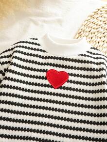 SHEIN 女童刺繡 2 件組女孩紋理條紋愛心圖案圓領長袖抓絨秋季運動衫與鬆緊腰打底褲套裝 - 彩色 - 查看 8