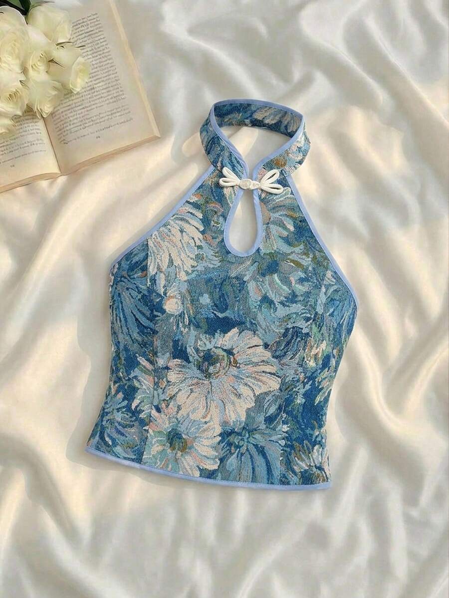 SHEIN MOD 女士优雅提花露背吊带上衣,夏季 - 藍色 - 查看 1