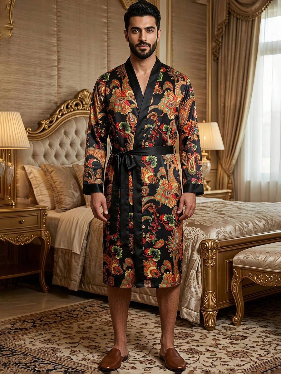 Jahmira Men's Floral Print Long Sleeve Loose Fit Robe - Black - View 1