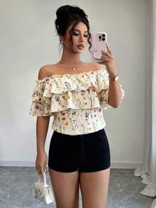 Elenzga Women's Floral Ruffle Off-Shoulder Fashion Blouse - Apricot - View 4