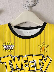 LOONEY TUNES X SHEIN Tween Girls Round Neck Short Sleeve Striped Cute Graphic Summer T-Shirt, X - White - View 3