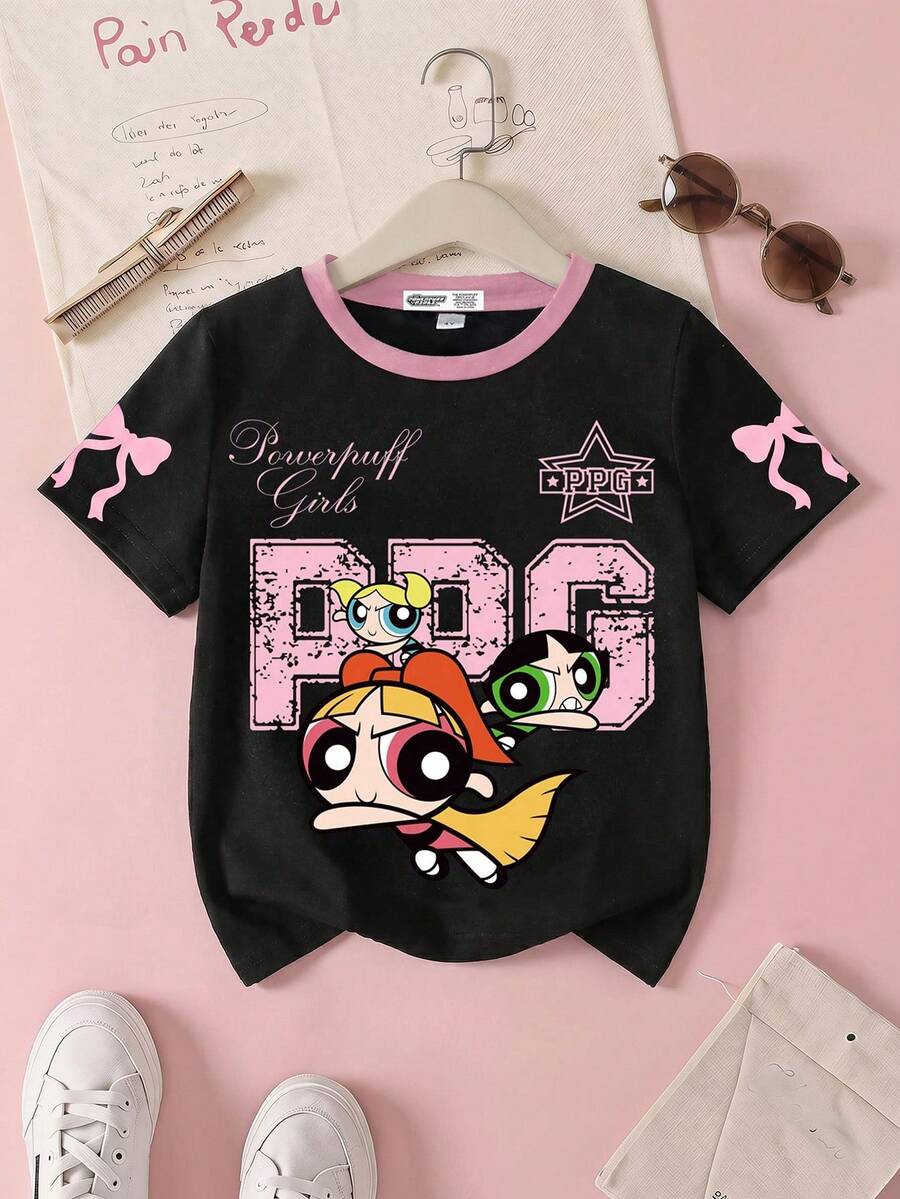 THE POWERPUFF GIRLS X SHEIN 年轻女孩短袖撞色边休闲 T 恤，卡通可爱运动芭蕾风格，蝴蝶结染色复古字母和花朵、泡泡、毛茛图案 - 白色 - 查看 1
