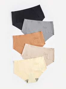 Bralution 5pcs/Pack Letter Embroidery Solid Color Seamless Elastic Waist Briefs - Multicolor - View 4