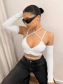 SHEIN ICON 修身裹身式交叉繫帶可拆卸袖女上衣 - 白色 - 查看 6