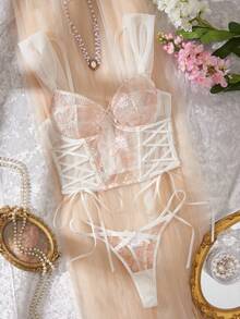 Myrelith 2pcs Embroidered Patchwork Mesh Cross Strap Long Underwire Bra & Panty Set - Multicolor - View 1
