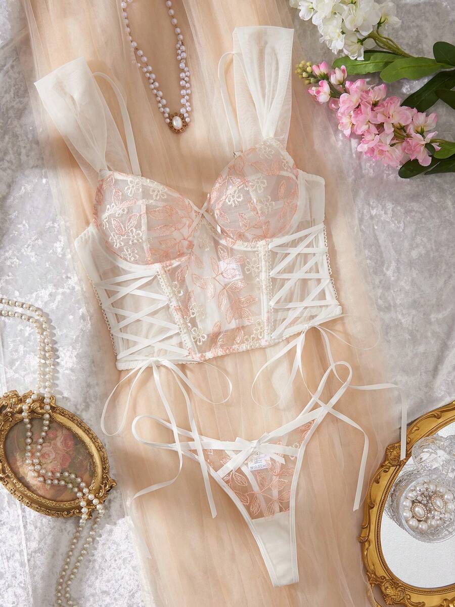 Myrelith 2pcs Embroidered Patchwork Mesh Cross Strap Long Underwire Bra & Panty Set - Multicolor - View 1